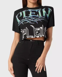Bawełniany krótki czarny top z logo