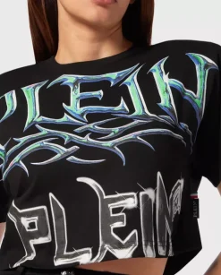 Bawełniany krótki czarny top z logo