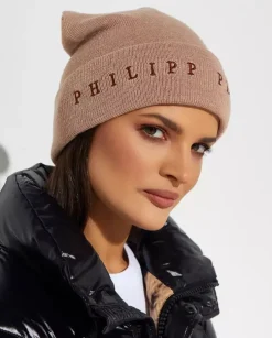 Beżowa czapka beanie z logo