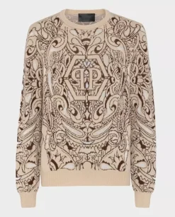 Beżowy sweter z kaszmiru Paisley Bandana