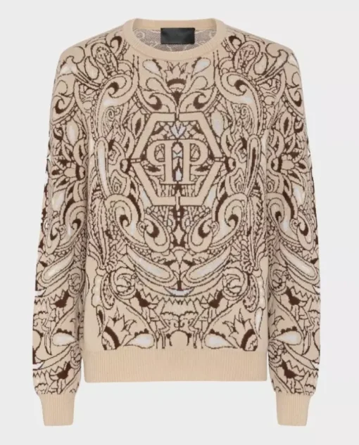 Beżowy sweter z kaszmiru Paisley Bandana