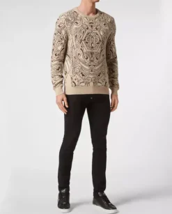 Beżowy sweter z kaszmiru Paisley Bandana