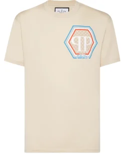 Beżowy t-shirt z geometrycznym logo