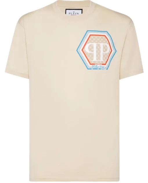 Beżowy t-shirt z geometrycznym logo