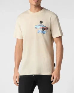 Beżowy t-shirt z nadrukiem samochodu