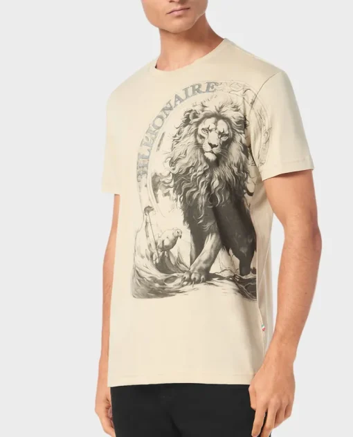 Beżowy t-shirt z nadrukiem lwa