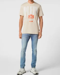 Beżowy t-shirt z nadrukowanym logo