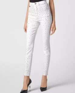 Białe jeansy z kryształami Super High Waist