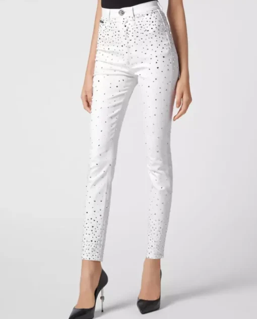 Białe jeansy z kryształami Super High Waist