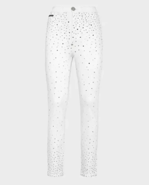 Białe jeansy z kryształami Super High Waist