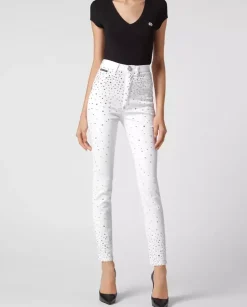 Białe jeansy z kryształami Super High Waist