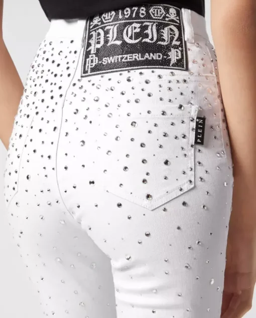 Białe jeansy z kryształami Super High Waist