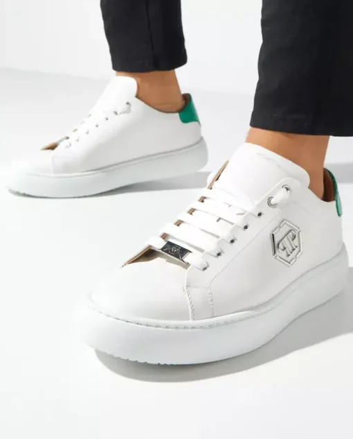 Białe sneakersy Hexagon z zieloną zapiętką
