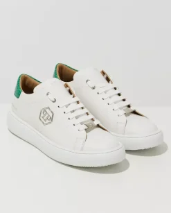 Białe sneakersy Hexagon z zieloną zapiętką