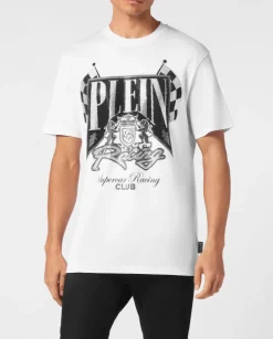 Biały t-shirt z kryształami Racing Club