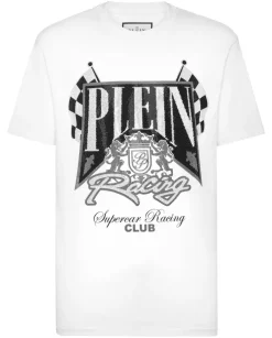 Biały t-shirt z kryształami Racing Club