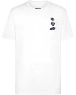 Biały bawełniany t-shirt z naszywkami