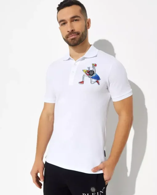 Biały t-shirt polo z kolorową grafiką