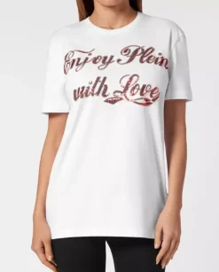 Biały t-shirt z cekinowym napisem
