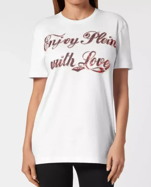 Biały t-shirt z cekinowym napisem