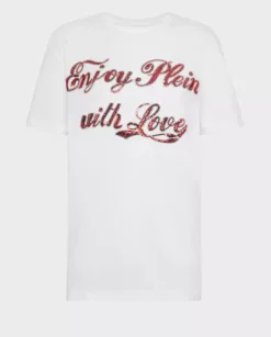 Biały t-shirt z cekinowym napisem