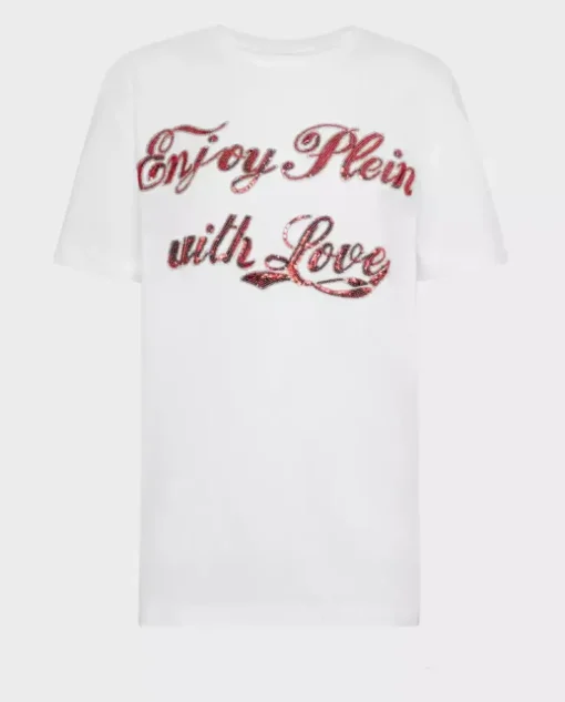 Biały t-shirt z cekinowym napisem