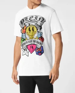 Biały t-shirt z dużym zdobieniem z kryształów