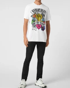 Biały t-shirt z dużym zdobieniem z kryształów