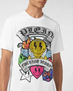 Biały t-shirt z dużym zdobieniem z kryształów