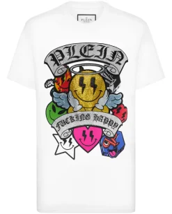Biały t-shirt z dużym zdobieniem z kryształów