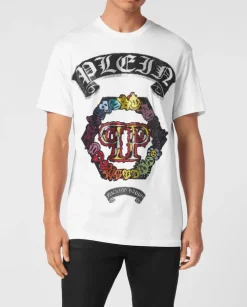 Biały t-shirt z kolorową aplikacją z kryształów