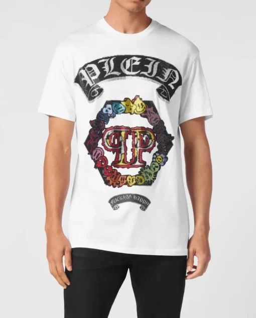Biały t-shirt z kolorową aplikacją z kryształów