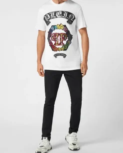 Biały t-shirt z kolorową aplikacją z kryształów