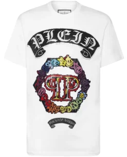 Biały t-shirt z kolorową aplikacją z kryształów