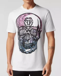Biały t-shirt z kryształową grafiką Skull