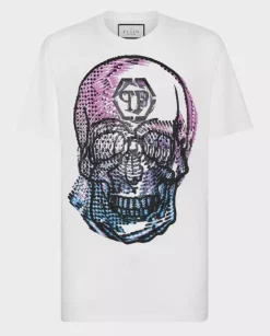 Biały t-shirt z kryształową grafiką Skull