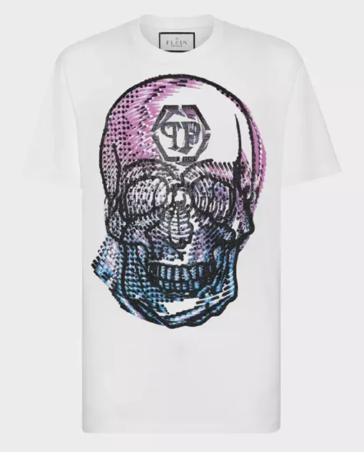 Biały t-shirt z kryształową grafiką Skull