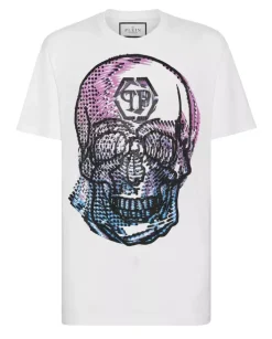 Biały t-shirt z kryształową grafiką Skull