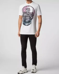 Biały t-shirt z kryształową grafiką Skull