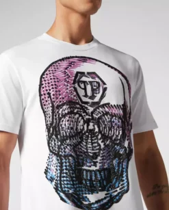 Biały t-shirt z kryształową grafiką Skull