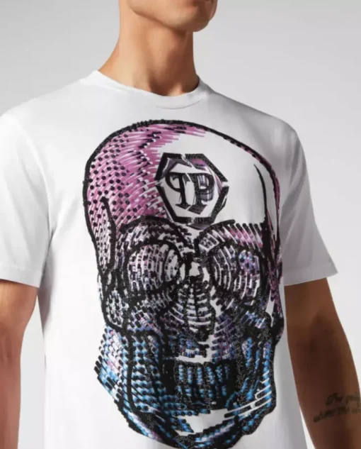 Biały t-shirt z kryształową grafiką Skull