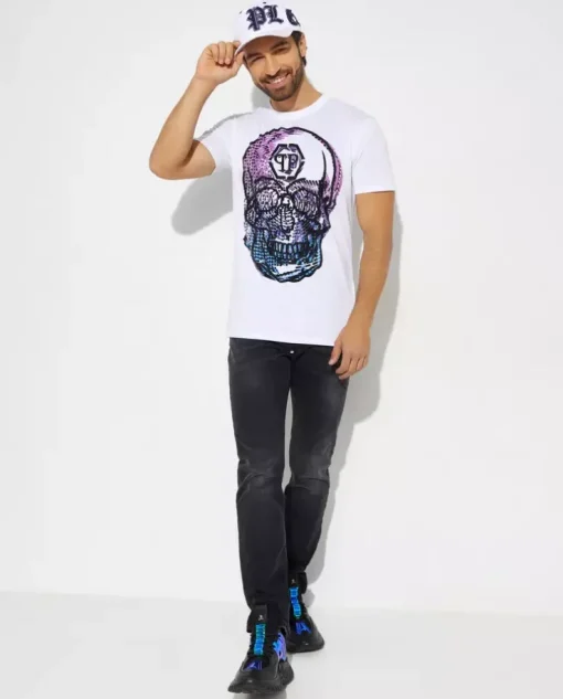 Biały t-shirt z kryształową grafiką Skull