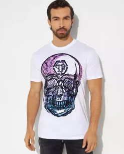 Biały t-shirt z kryształową grafiką Skull