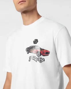 Biały t-shirt z nadrukiem wyścigówki