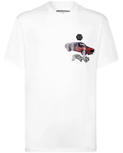 Biały t-shirt z nadrukiem wyścigówki