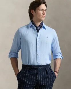 Błękitna lniana koszula z logo Custom Fit