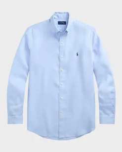 Błękitna lniana koszula z logo Custom Fit