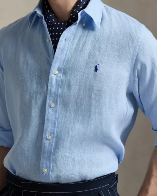Błękitna lniana koszula z logo Custom Fit