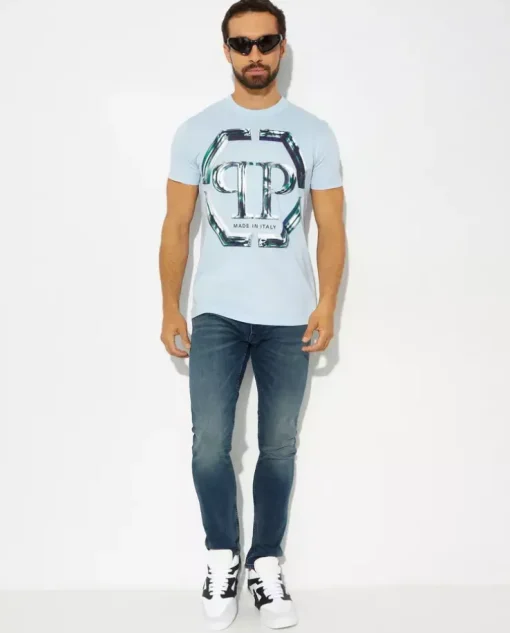 Błękitny t-shirt z logo SS Glass