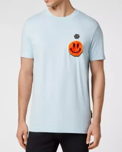 Błękitny t-shirt z naszywką Smile